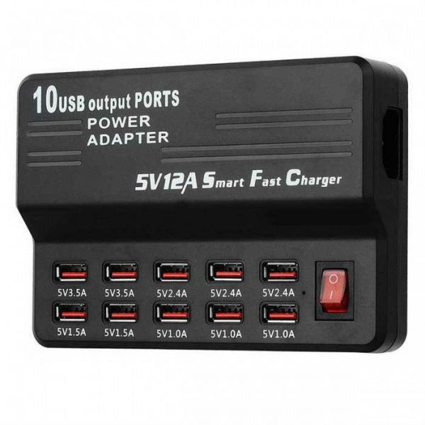 Adaptador Carregador Inteligente 10 Portas USB 2.0 5V 12A - 100V - 240V